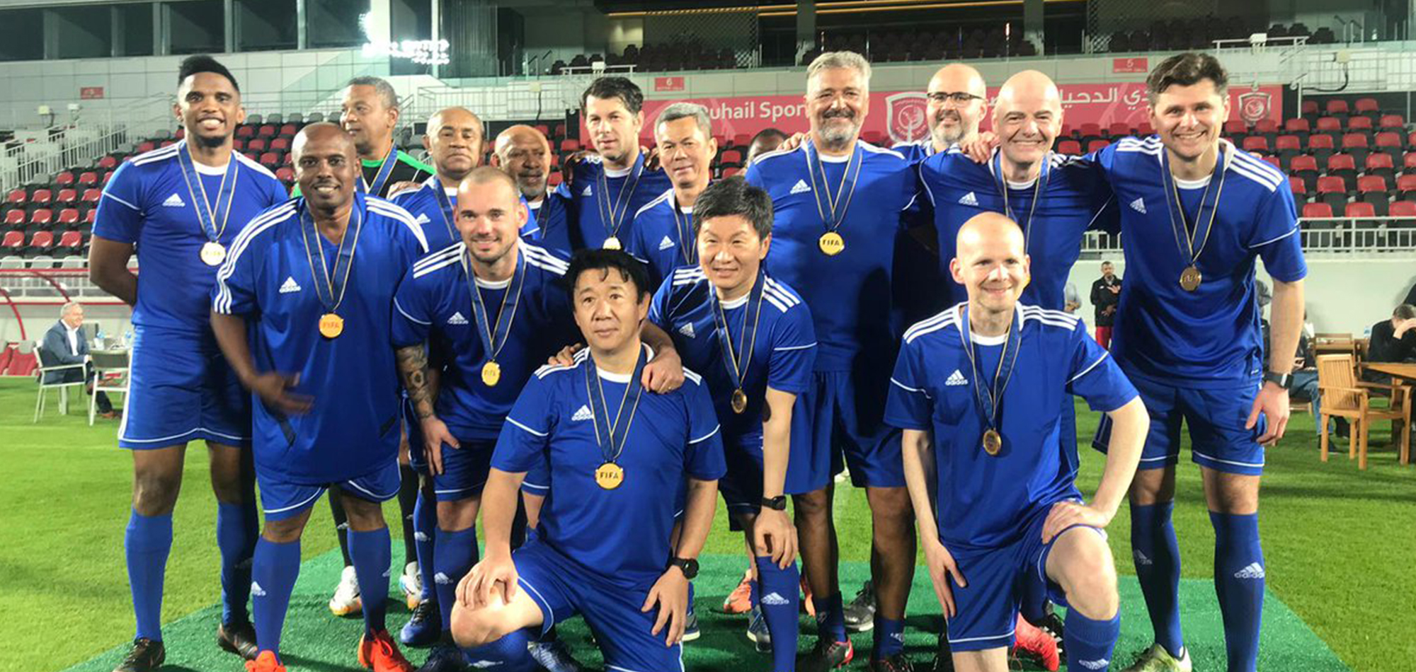 FIFA PRESIDENT GIANNI INFANTINO AND FOOTBALL LEGENDS PARTICIPATE IN A FRIENDLY GAME AT AL DUHAIL STADIUM