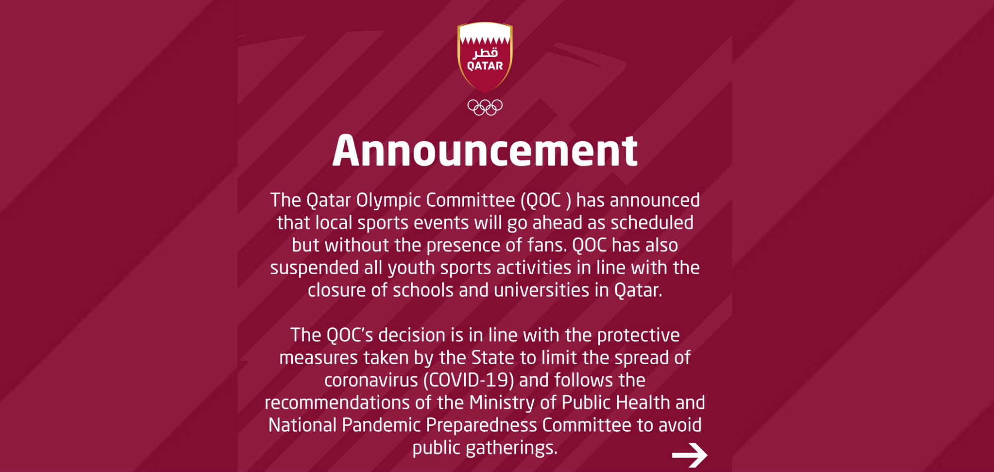 QOC: Qatar sport activities to be held behind closed doors