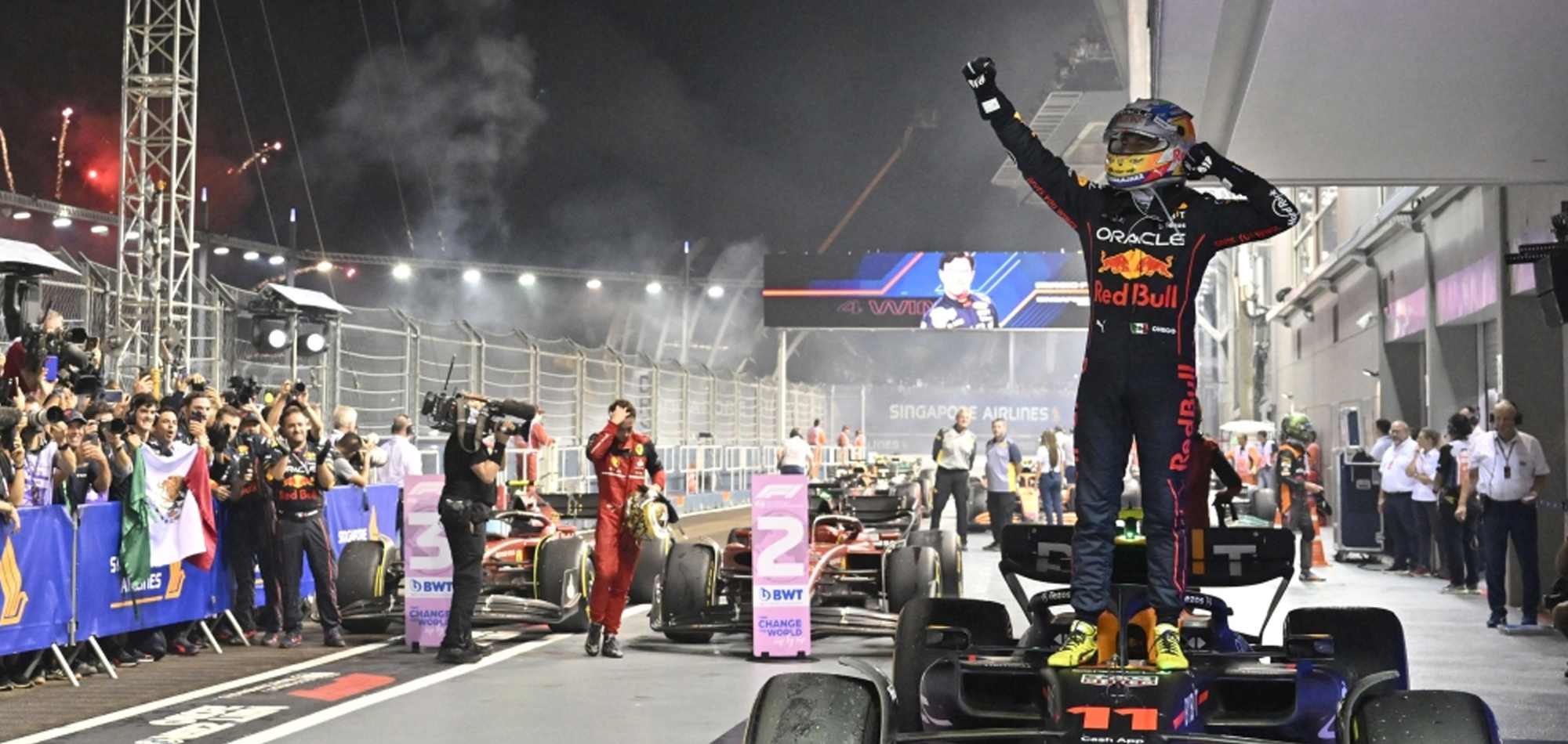 Perez wins in Singapore as Verstappen title celebrations on ice