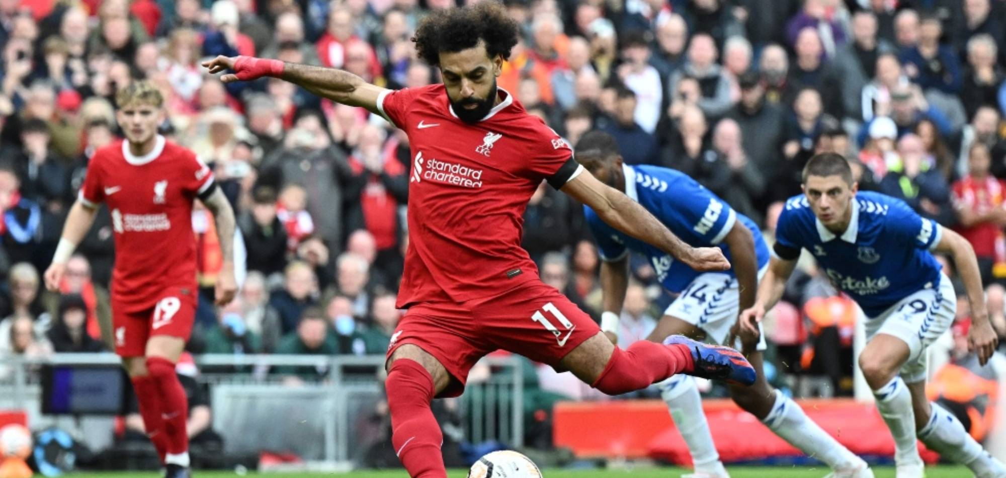 Salah on target twice as Liverpool beat 10-man Everton 2-0 in Merseyside derby