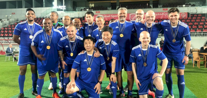 FIFA PRESIDENT GIANNI INFANTINO AND FOOTBALL LEGENDS PARTICIPATE IN A FRIENDLY GAME AT AL DUHAIL STADIUM