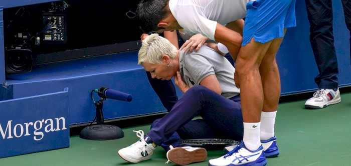 Novak Djokovic apologises after hitting line judge with ball at US Open