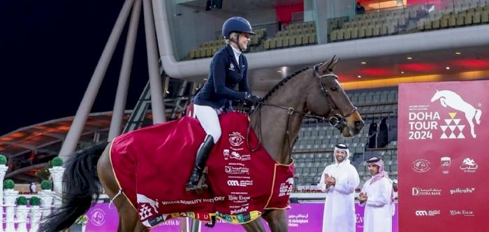 Tovek grabs victory after thrilling jump-off during the Doha Tour International Equestrian Championship yesterday.