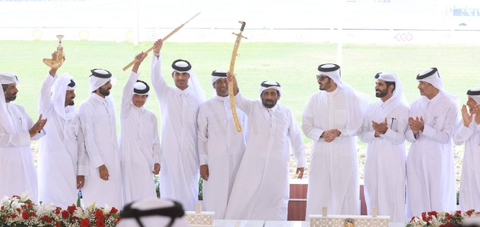 Al Hayba wins the gold sword at the HH The Amir Purebred Arabian Camel Racing Festival